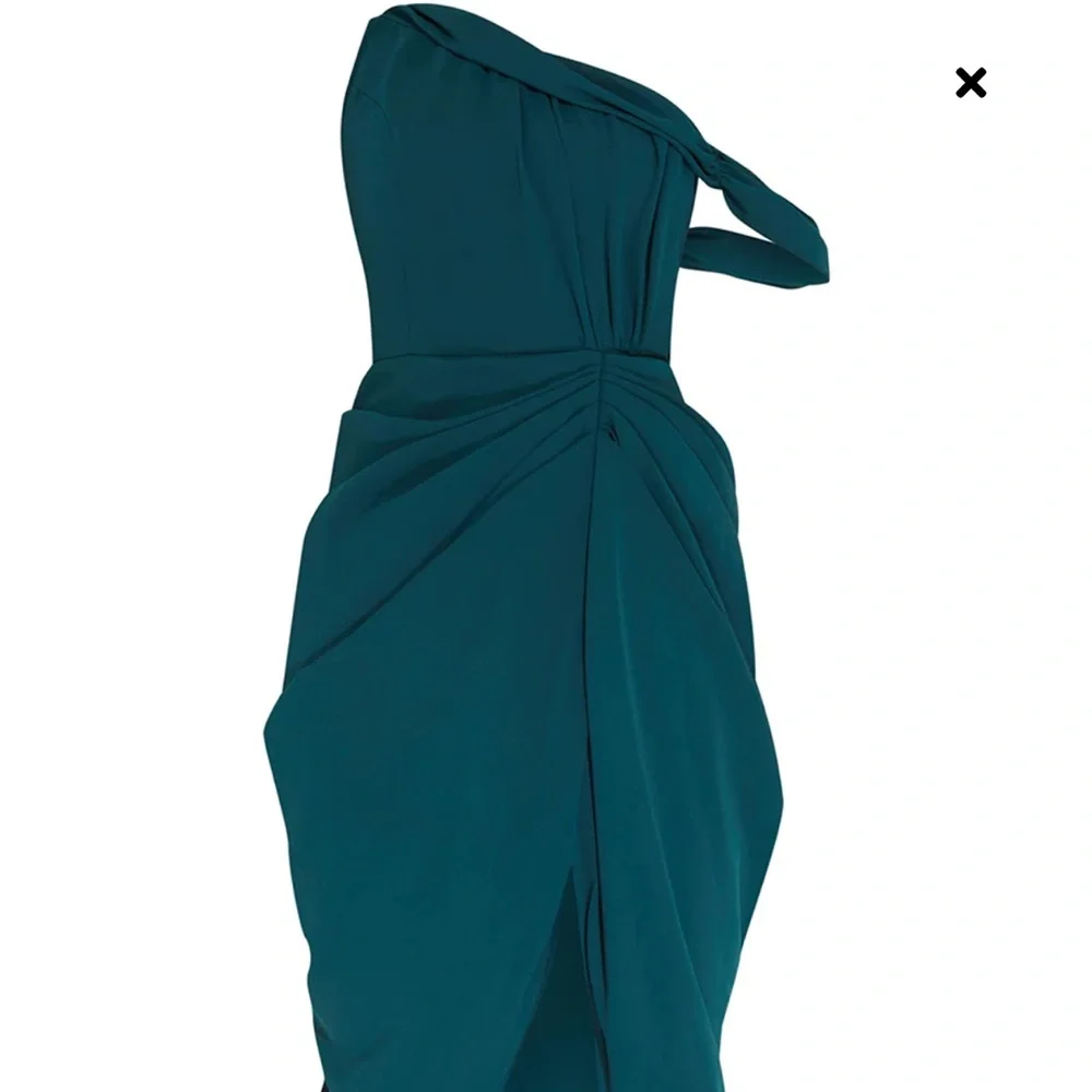 PLT Emerald Green Chiffon Asymmetric Strap Draped Midi Dress - Picture 3 of 4